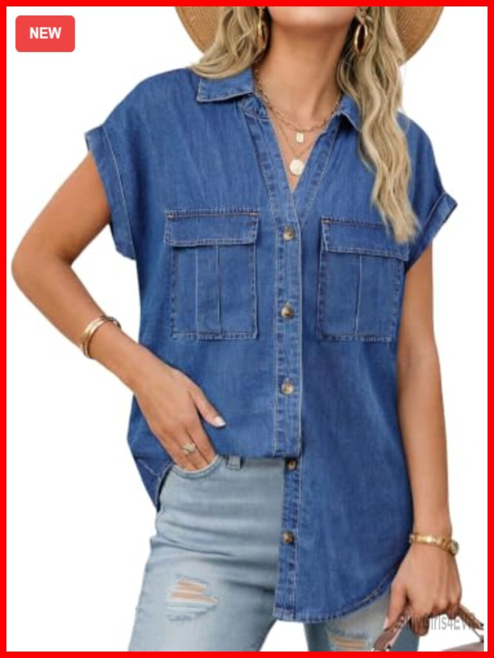 Women's Denim Shirt Short Sleeve V Neck Button Down Oversized Loose Fit